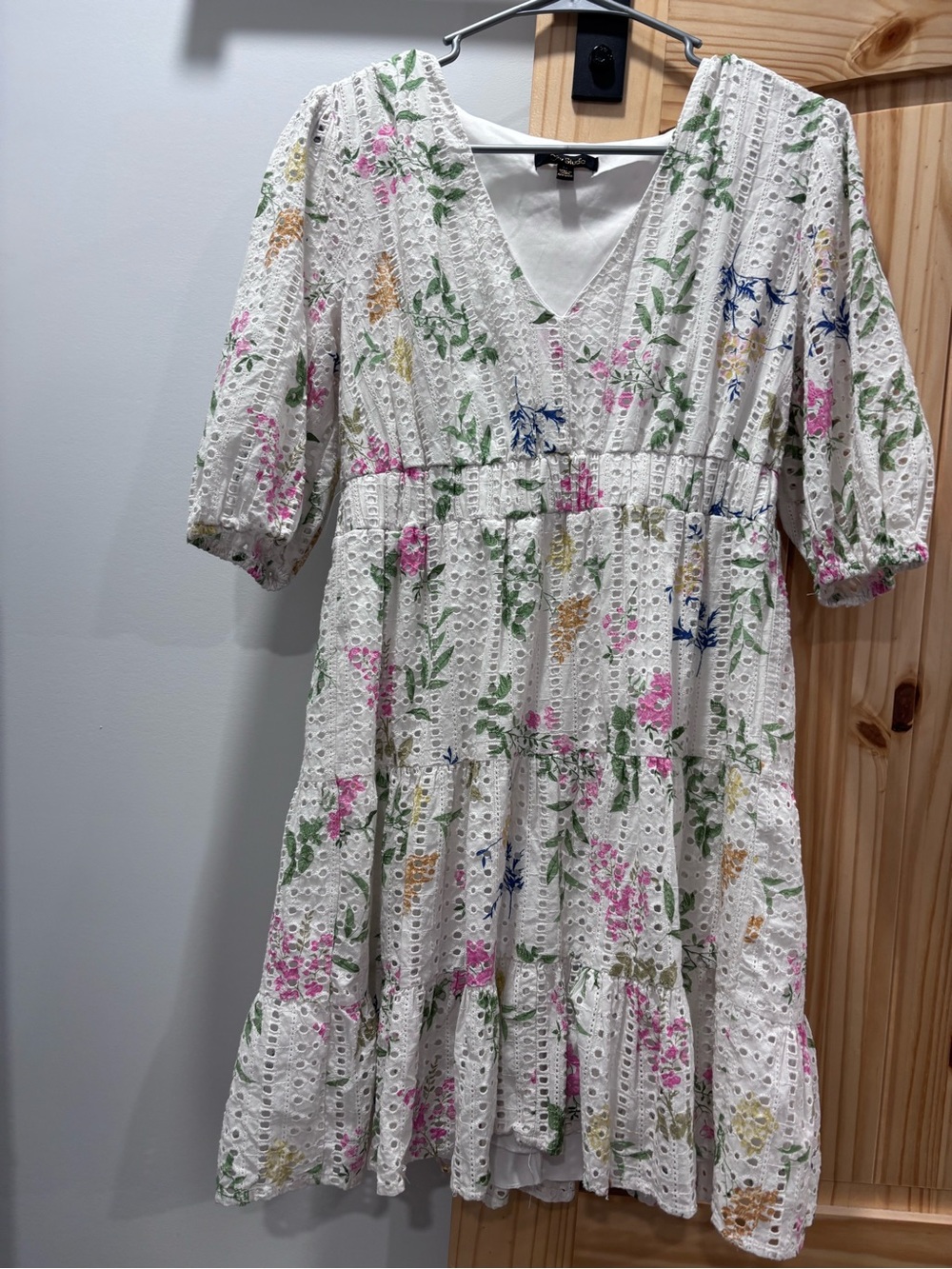 City Studio White Eyelet Tiered Dress with Pink, Green & Blue Floral Print